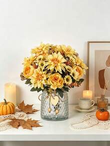1pc Artificial Dahlia - Realistic Artificial Flower Bouquet, Suitable For Christmas, Wedding, Valentine's Day Decoration And Home Decor, Autumn Decoration, Halloween, Gift - Yellow - View 5