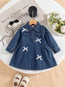 Baby Girls' Fashion Bow Collar Faux Pocket Half-Placket Long Sleeve Denim Dress - Dark Wash - View 1