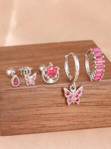 5PCS Luxury Rose Red Butterfly Zirconia Dangle Earrings Sets For Women Stainless Steel Star Moon Fashion Aesthetic Jewelry - 5PCS-silver - View 1