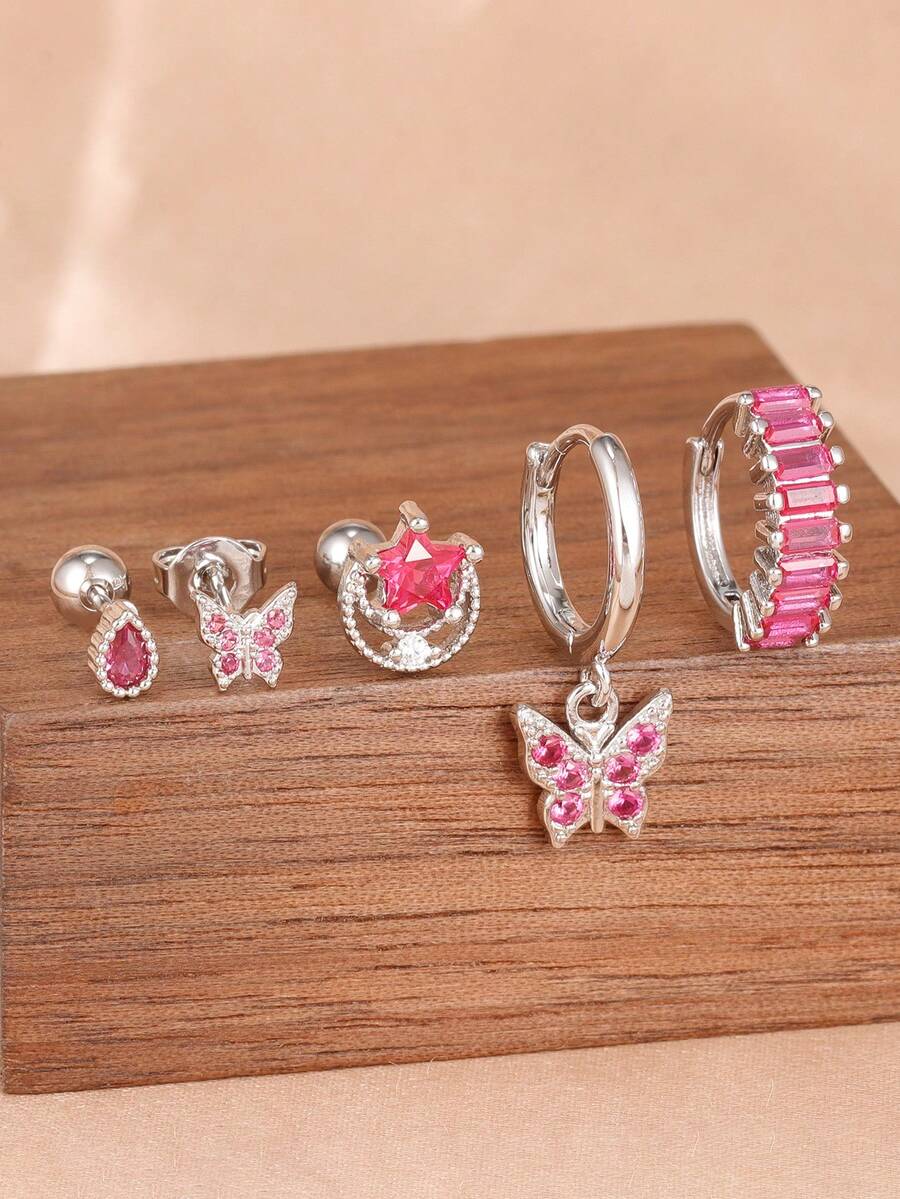 5PCS Luxury Rose Red Butterfly Zirconia Dangle Earrings Sets For Women Stainless Steel Star Moon Fashion Aesthetic Jewelry - 5PCS-silver - View 1