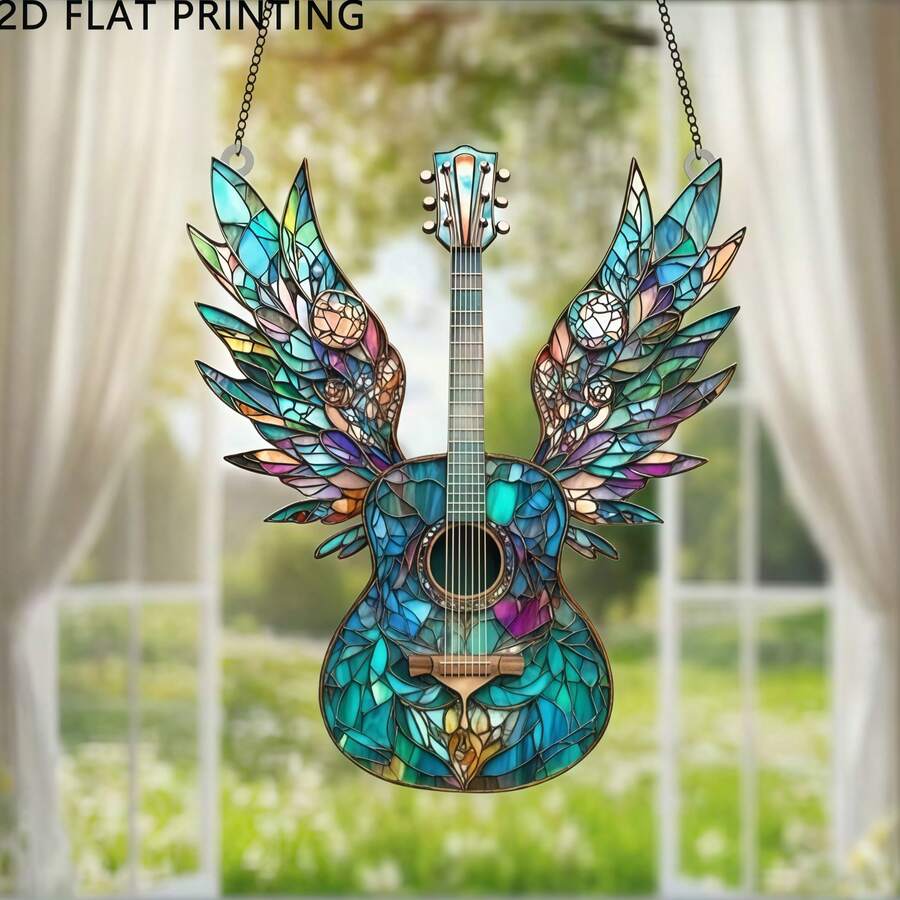 1pc Stained Glass Style Guitar Sun Catcher With Wings, Acrylic Material Window Hanging Decor, Suitable For Garden, Window, Porch Decoration - E - View 1