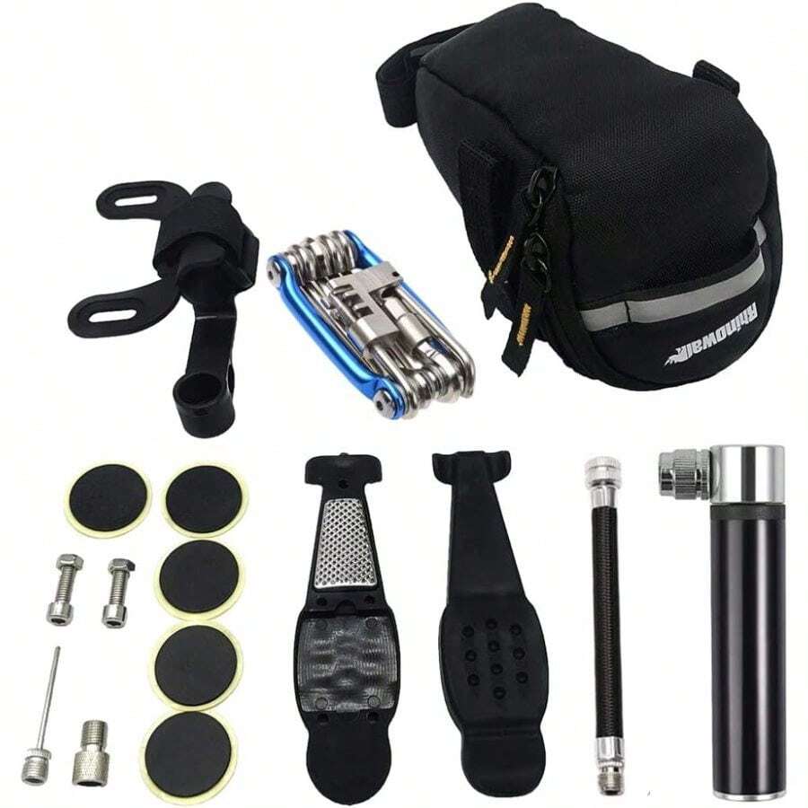 Bike Tire Repair Kit And Bike Pump - Presta And Schrader Glueless Puncture Repair Kit (Up To 120 PSI) Road Mountain Bikes And BMX Bikes With Bike Tail Bag - Multicolor - View 1
