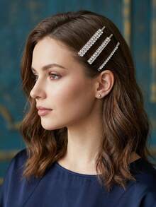 3er Set Strass-Metall-Haarspangen für glattes Haar, elegante süße Haarspangen zur Dekoration von seitlichen Dutt-Frisuren, 3 Stile, Braut- und Brautjungfernzubehör, Party, Date, Treffen, Feiertagsgeschenk - Verschiedenfarbig - Übersicht 3