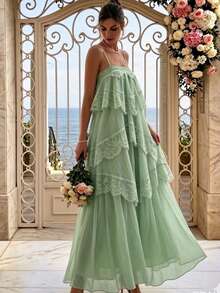 Damen Spitze asymmetrisches elegantes langes Party Rüschen Maxi Kleid, ärmellos Mode, Abschlussball, Abschlussfeier, Urlaubsoutfit Hochzeit Herbst - Minzgrün - Übersicht 2