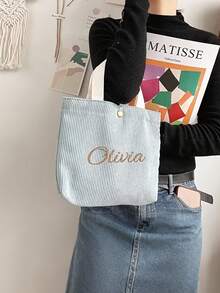 Personalized Corduroy Tote Bag With Name, Custom Shoulder Handbag For Women, Reusable Shopping Bag, Travel Work Gift Tote - Multicolor - View 6