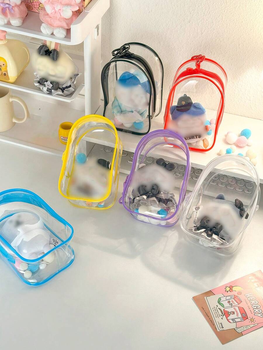 Chic Monster Clear PVC Storage Bag, Dustproof Transparent Protective Display Case For Standing/Sitting Figures, Portable & Waterproof PVC Organizer With Keychain For Dolls Such As Labubu, Cables Add Earbuds, FeatureValentine's/Christmas Gifts (Doll Not Included), For Labubu - Multicolor - View 1
