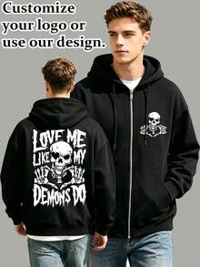 Personalized Custom Men's Hooded Zip-Up Sweatshirt Jacket, Front And Back Pattern Customization LOGO/Christmas/Halloween/Thanksgiving/Dance Team LOGO/Workwear/Campus Class Uniform/Advertising Printing/Lucky Number-Family Pet Friends-Anything Can Be Customized/Autumn Hooded Zip-Up Sweatshirt Jacket Fleece Lined Warm - Black - View 1