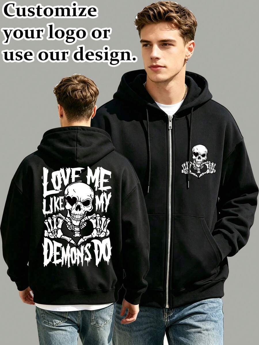 Personalized Custom Men's Hooded Zip-Up Sweatshirt Jacket, Front And Back Pattern Customization LOGO/Christmas/Halloween/Thanksgiving/Dance Team LOGO/Workwear/Campus Class Uniform/Advertising Printing/Lucky Number-Family Pet Friends-Anything Can Be Customized/Autumn Hooded Zip-Up Sweatshirt Jacket Fleece Lined Warm - Black - View 1