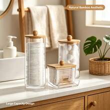 Tbestmax 10 Oz Cotton Swab/Ball/Pad Holder With Vanity Tray, Qtip Apothecary Jar, Bathroom Containers Dispenser Storage 3 Pack Wood Lids - 3pcs(竹蓋高罐) - 查看 5