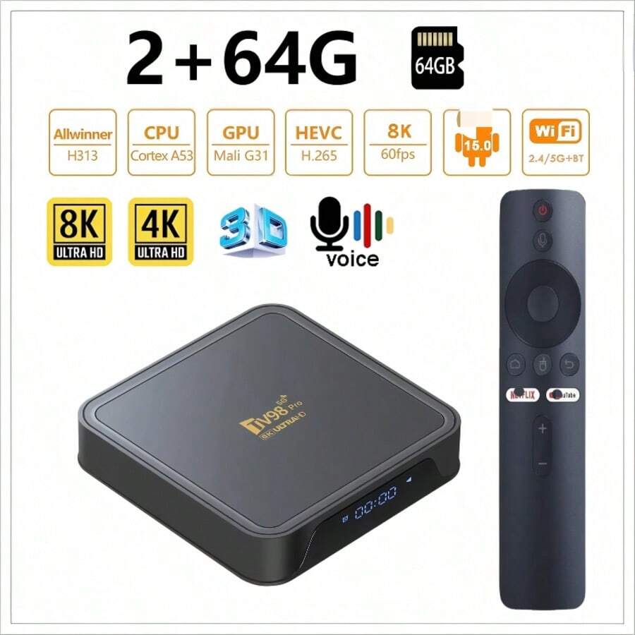 TV98 PRO TV Box, Android 14 System, ATV H313 Quad-Core Processor, Supports 5G Dual-Band WiFi, Plays 8K And 4K Content, Comes With Voice Remote Control - 歐規C型插(220-240V) - 查看 1