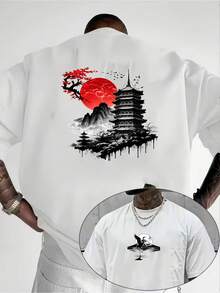 [Comfortable|Loose] Comfortable Loose Japanese Style T-Shirt | Red Sun Landscape Tower Pattern | Traditional Architecture Cherry Blossom Mountain View - 白色 - 查看 1