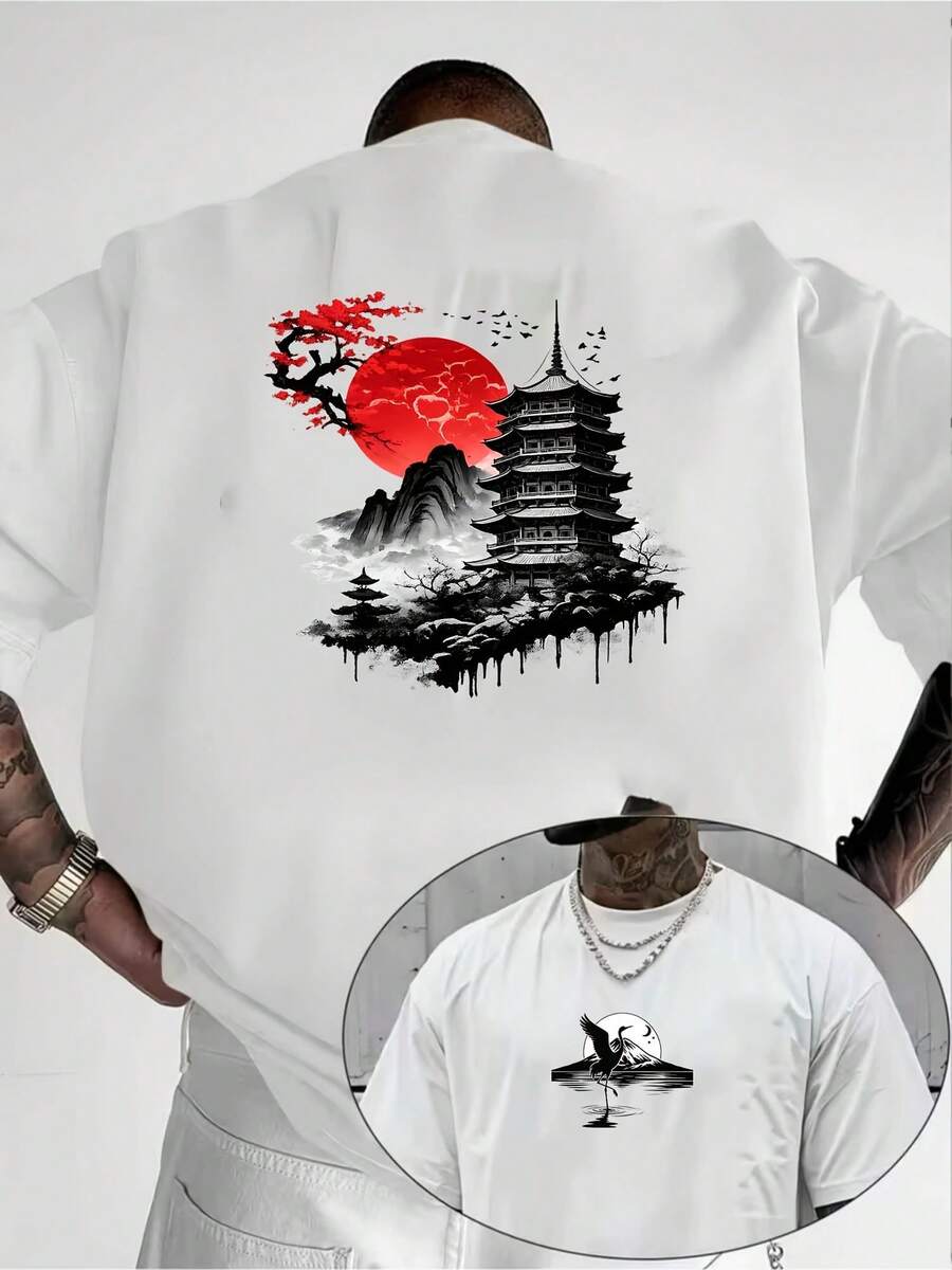 [Comfortable|Loose] Comfortable Loose Japanese Style T-Shirt | Red Sun Landscape Tower Pattern | Traditional Architecture Cherry Blossom Mountain View - 白色 - 查看 1