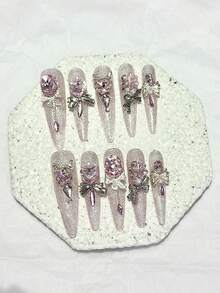 10pcs Pink Luxury Cat Eye Glitter Pointed Press-On Nail Tips, Sweet Cool 3D Diamond Pearl Removable Fake Nails, Girls Gift Nail Art Supplies (1pc Jelly Sticker + 1pc Nail File) Handmade Press On Nails - Pink - View 3