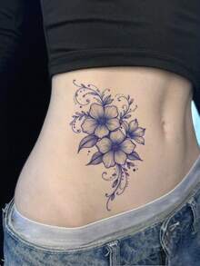 1 Pc Blue Flower Temporary Tattoo Stickers Waterproof Floral Fake Tattoos For Women Girls Elegant Body Art Decoration - Blue - View 3