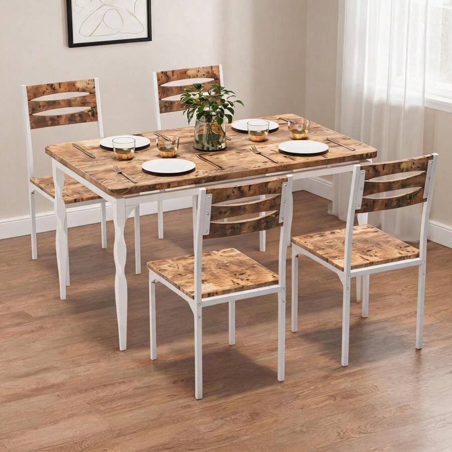 Conjunto de comedor industrial 5 piezas – Mesa rectangular y 4 sillas – Diseño compacto y moderno – Ideal para espacios pequeños en comedor, cocina o apartamento - Marrón - Ver 1