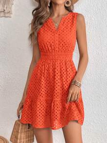 PRETTYGARDEN Women's Summer Dress Sleeveless V Neck Eyelet Cutout Swinging A-Line Flowy City Walks Wedding Guest Graduation Beach Vacation Sun Dress - 亮橙色 - 查看 1