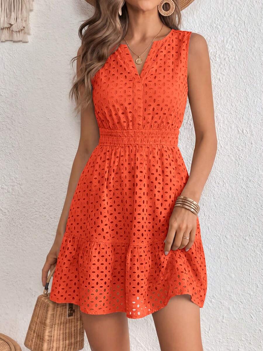 PRETTYGARDEN Women's Summer Dress Sleeveless V Neck Eyelet Cutout Swinging A-Line Flowy City Walks Wedding Guest Graduation Beach Vacation Sun Dress - 亮橙色 - 查看 1
