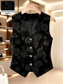 Women's Autumn/Winter Office Daily Wear Inner/Outer Layer Composite Velvet Fabric Embossed Single-Breasted Sleeveless Blazer - Black - View 1