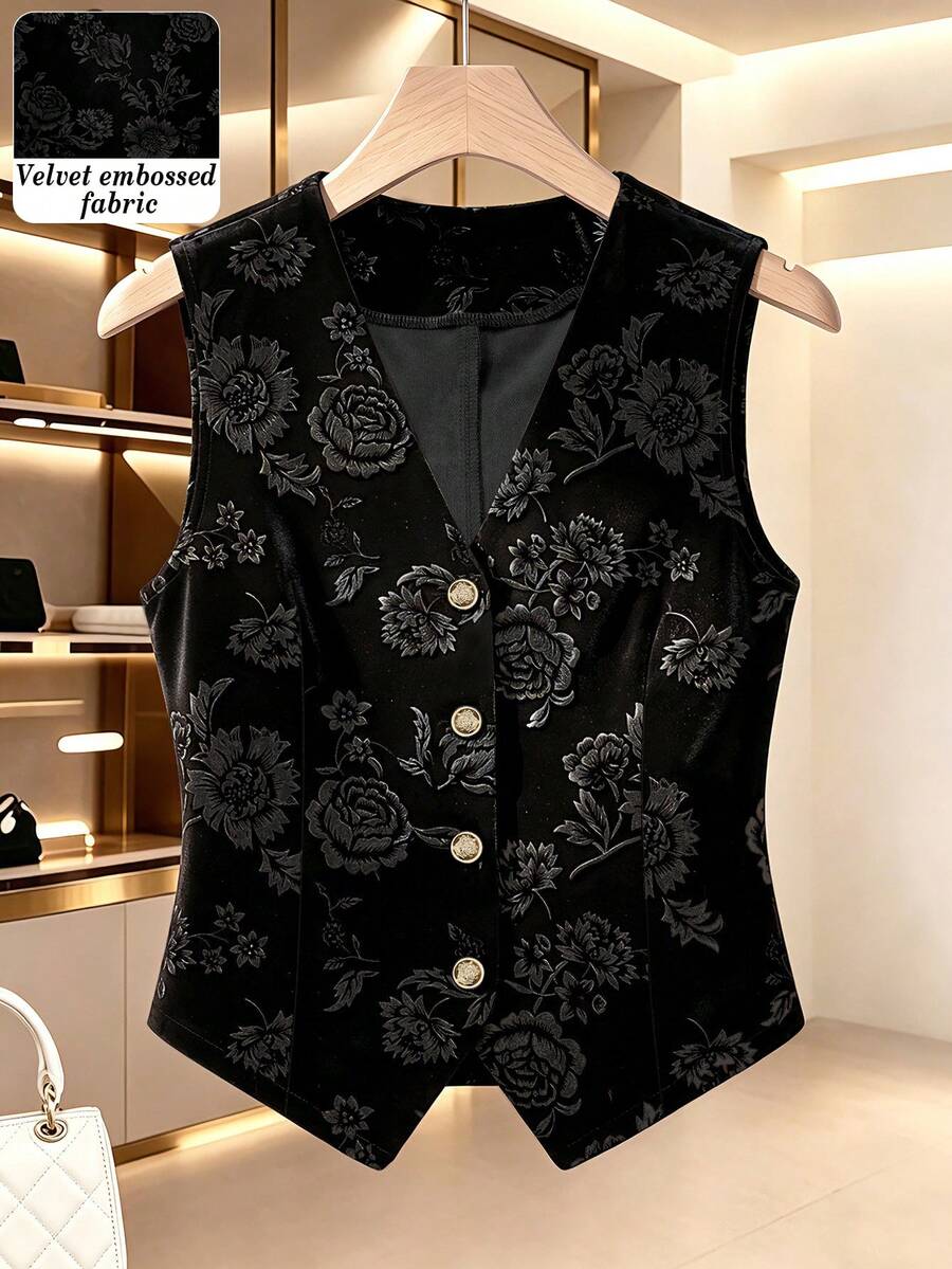 Women's Autumn/Winter Office Daily Wear Inner/Outer Layer Composite Velvet Fabric Embossed Single-Breasted Sleeveless Blazer - Black - View 1
