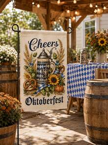 1件裝 Cheers Oktoberfest 亞麻園藝旗，巴伐利亞啤酒杯、蝴蝶酥、啤酒花、小麥、向日葵與南瓜印花戶外庭院旗，適用於門廊、草坪、露台、花園、德國啤酒節、秋季派對與農舍裝飾 - 多色2 - 查看 6