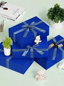 3Pcs Magnetic Gift Boxes With Ribbon, Luxury Reusable Gift Packaging Box For Christmas, Wedding, Birthday, Holiday Party Present Storage (Blue) - Blue - View 7