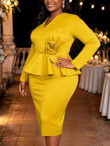 AOMEI Elegant Sophisticated Noble Plus Size Women Yellow V Neck Long Sleeve Ruffle 3D Floral Mid-Length Bodycon Dress Birthday Party Wedding Guest For - Ginger - View 6