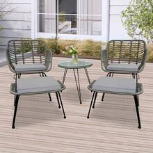 5pcs Rattan Patio Furniture Set With Glass Table Modern Garden Bistro Set With Cushions, Lounge Chairs And Ottomans For Balcony, Backyard, Outdoor Tea Time, Black Cushion, Rust-Resistant Frame - Grey - View 10