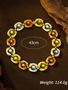 1 Necklace 1 Bracelet French Vintage Enamel Jewelry Square Colorful Gemstone Necklace Bracelet Warm Tone Vintage Luxury Daily Wear Women's Jewelry Accessories - Multicolor - View 2