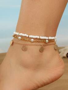 3pcs/Set Bohemian Style Beaded Round Disc Tassel Pendant Anklet Beaded Foot Chain Set - Gold - View 1