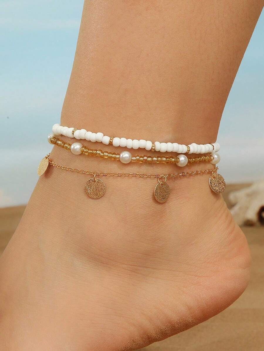 3pcs/Set Bohemian Style Beaded Round Disc Tassel Pendant Anklet Beaded Foot Chain Set - Gold - View 1