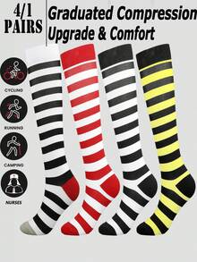4/1 Pair Striped Minimalist Breathable Moisture-Wicking Compression Knee-High Socks For Running, Cycling, Hiking - Multicolor - View 2