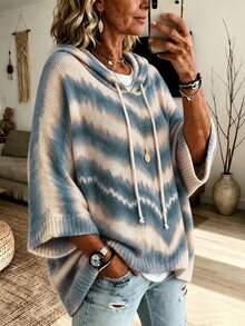 Tie-Dye Water Ripple Knit Drawstring Casual Versatile Commute Loose Hooded Pullover Sweater For Holiday Vacation Daily Date Birthday Party Fall - Multicolor - View 5