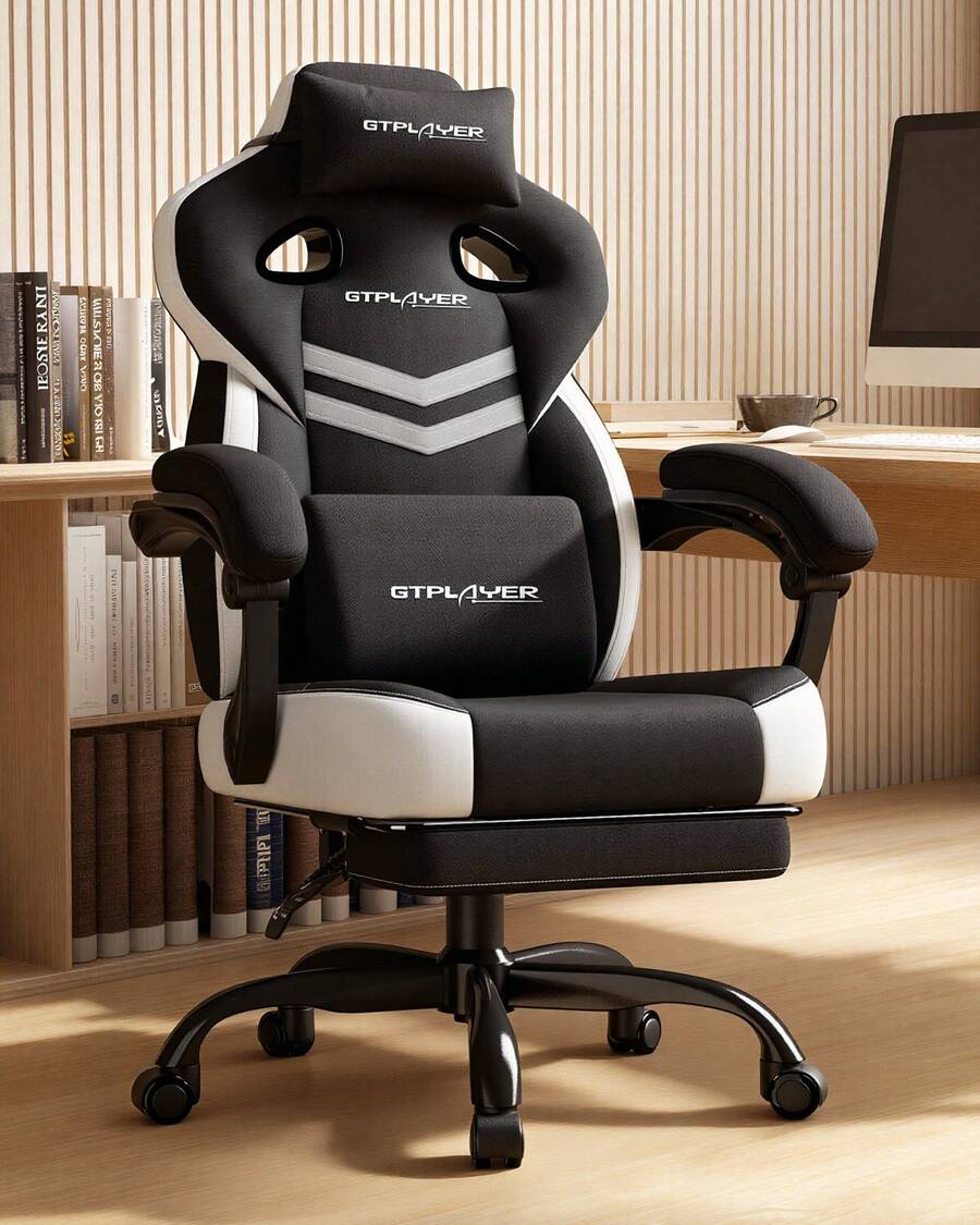Fabric Gaming Chair With Footrest, Ergonomic Computer Desk Chair With Pocket Spring Cushion Home Office High Back Support Lumbar Support Heavy Duty Wide - Black - View 1