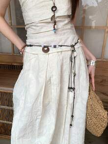 1pc Coffee Brown Polyester Vintage Bohemian Beaded Woven Waist Rope For Women - Coffee - View 2