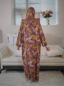 Plus Size Woven Long Prayer Robe, Colorful Abstract Print, Non-Stretch Full Coverage Robe, Suitable For Modest Attire - Multicolor - View 4