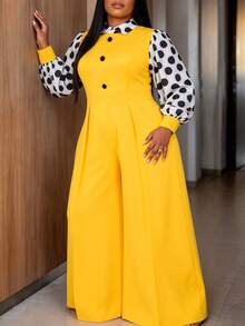 AOMEI Damen Große Größen eleganter & anmutiger gelber Polka Dot Langarm Jumpsuit mit hoher Taille und weitem Bein, Büro Party formelle Business Damen Arbeitskleidung, Schulanfang Abschlusssaison, Business Präsentation, Damen Arbeitsplatz Pendeln Party formeller Business Anzug - Gelb - Übersicht 6