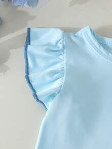 2pcs Setelan Bayi Perempuan Nyaman Lengan Bergelombang Biru Atasan Tanpa Lengan Lengan Pendek & Celana Panjang Kotak-kotak dengan Pita di Bagian Bawah, Tipis untuk Musim Semi/Panas - Baby Blue - View 5