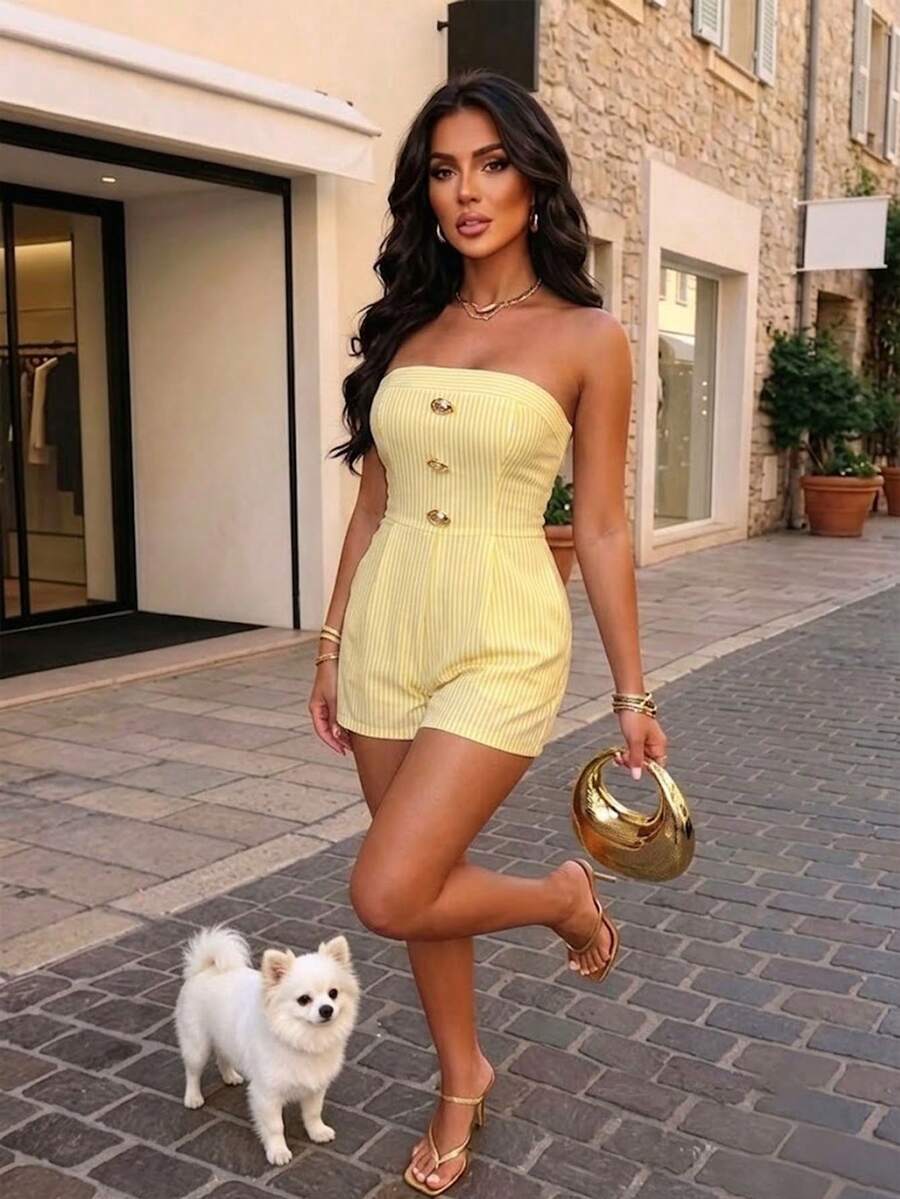 AIJ Mono corto sin tirantes a rayas amarillas para mujer, mono corto ajustado con detalle de botones, elegante y casual para playa, vacaciones y salidas, conjunto de verano transpirable - Amarillo - Ver 1