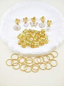 55pcs Pure White Romantic Garden Hair Rings With Pearl, Heart, Butterfly, Daisy & Camellia - Elegant Adjustable Hair Cuffs For Women's Dreadlocks - Gold - View 3