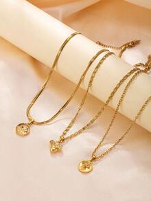 3pcs Elegant Stainless Steel Flower Bee Whale Rhinestone Necklace Set For Women, Suitable For Daily Wear, Date, Holiday And Party Accessories - Gold - View 3