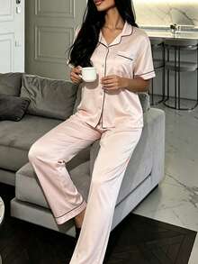 Nina Bonheur 2pcs/Set Women's Loose Comfortable Breathable Long Sleeve Top + Long Pants Cute Pajama Set - Pink - View 4