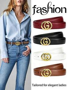 43 Inch Women's PU Faux Leather Decorative Thin Waist Belt With Gold Metal Buckle, Versatile For Commuting, Suits, Dresses, Wide Leg Pants, Available In Black / Brown / Burgundy / Beige - Multicolor - View 11