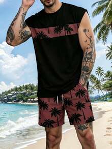 Men's Palm Tree Print Sleeveless Crew Neck Tank Top And Shorts Casual Set - Red - View 3