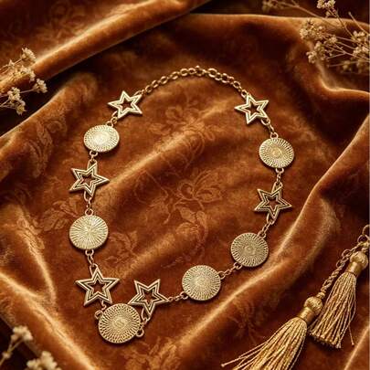 Vintage Punk Style Metal Hollow Floral Disc Waist Chain For Women, Fashion Retro Cinched Waist Body Chain, V-Shaped Print Bohemian Zinc Alloy Vintage Jewelry, Spring Summer Autumn Winter