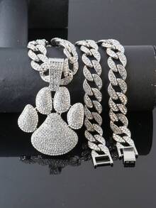 Men's Rhinestone Dog Paw Print Pendant Necklace, Full Rhinestone Cuban Chain Hip Hop Shiny Streetwear Jewelry, Gold & Silver - Dog Paw Pendant Necklace - View 12