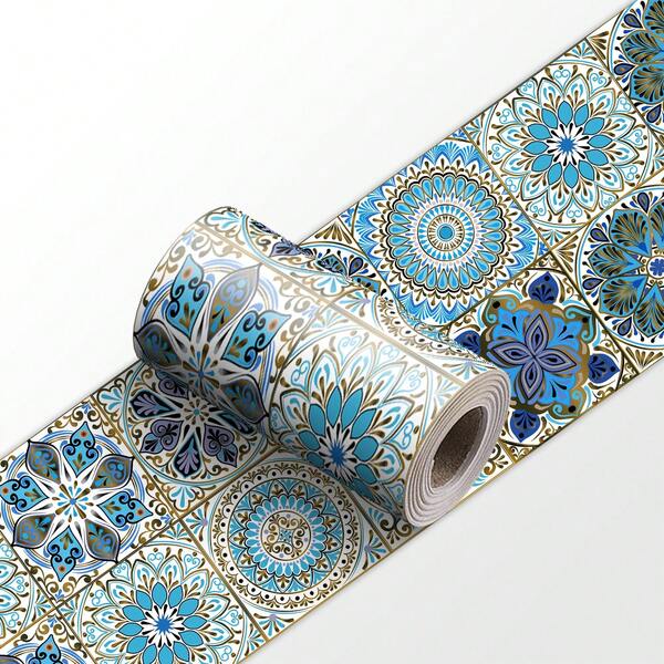 1 Roll Vintage Blue Mandala Tile Self-Adhesive Waistline Sticker, Mediterranean Bohemian Moroccan Style, Waterproof Oil-Proof Removable No Residue, Kitchen Backsplash Bathroom Baseboard Trim Renovation Decoration Grout Sticker