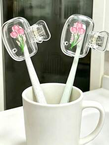 Tulip Flower Shaped Toothbrush Holder - Cute Design, Suitable For Home And Travel Storage; Equipped With Transparent Cover, Compact And Portable, Easy To Carry; Protects Toothbrush Bristles, Features Dual Drainage And Ventilation Functions; Suitable For Home, Dormitory And Travel Scenarios | Cute Toothbrush Head Storage Rack, Suitable For Bathroom Storage, Home And Dormitory - Multicolor - View 1