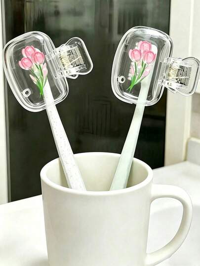 Soporte para cepillo de dientes con forma de flor de tulipán - Diseño lindo, adecuado para almacenamiento en el hogar y viajes; equipado con tapa transparente, compacto y portátil, fácil de transportar; protege las cerdas del cepillo de dientes, cuenta con funciones de doble drenaje y ventilación; adecuado para escenarios de hogar, dormitorio y viajes | Estante de almacenamiento para cabezal de cepillo de dientes lindo, adecuado para almacenamiento en el baño, hogar y dormitorio