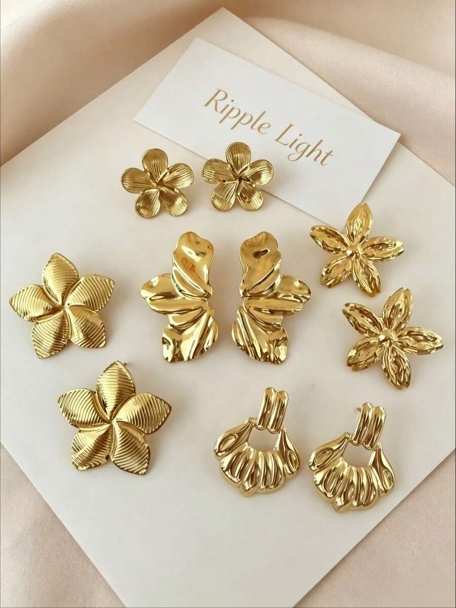 10pcs/Set (5 Pairs) Vintage Elegant Women's Stainless Steel Earrings Set, Gold Earrings, Suitable For Daily Wear And Parties (Random Mixed Colors) - Multicolor - View 1