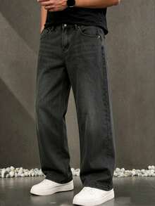 Men's Versatile Straight Leg Casual Jeans With Angled Pockets - Black - View 1